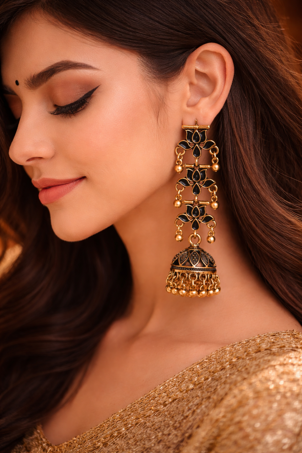 Gold Triple Layer Jhumka - view 2